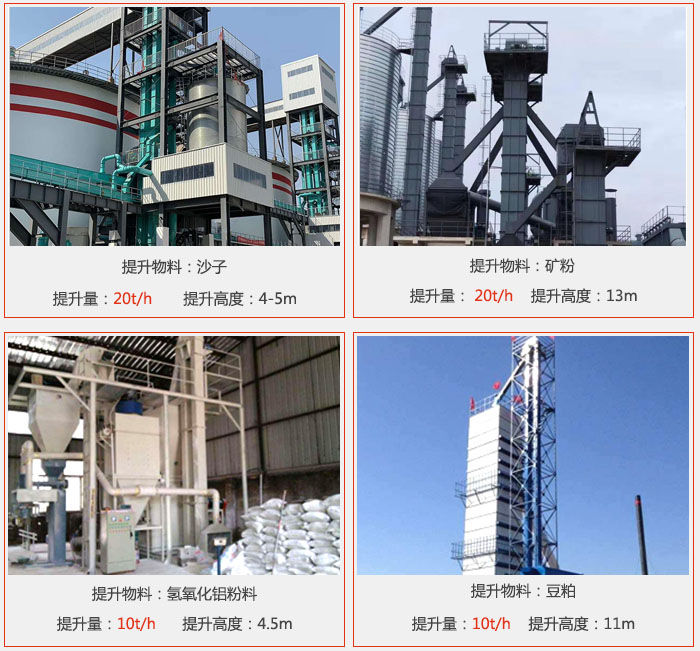 斗式提升机用户使用现场图片：提升沙子提升量：20t/h提升高度：4-5m提升物料：矿粉提升量：20t/h提升高度：13m提升物料：氢氧化铝粉料 提升量：10t/h提升高度：4-5m提升物料：豆粕提升量：10t/h提升高度：11m